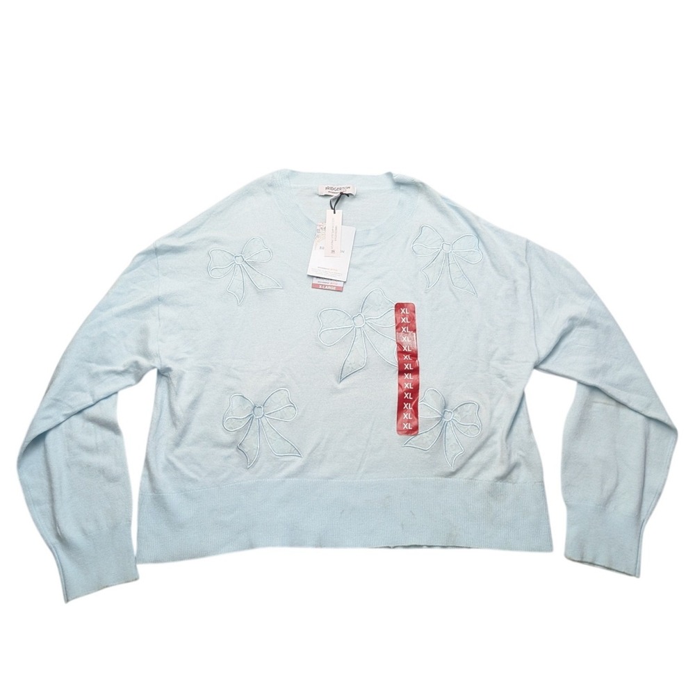 NWT Bridgerton Lace Bow Applique Sweater Women XL Light Blue Netflix Shondaland